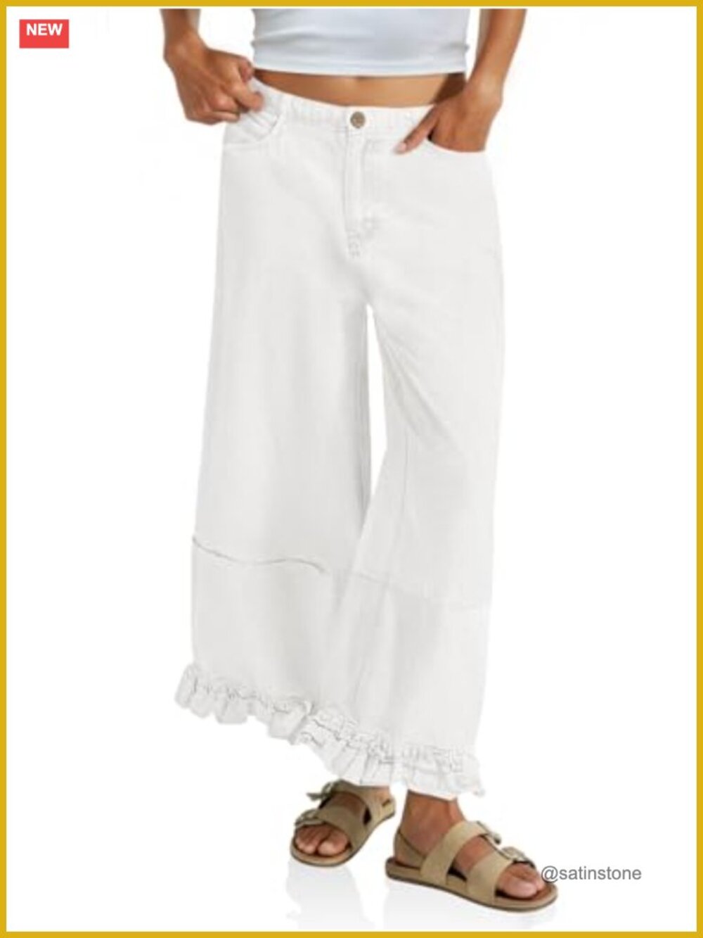 High Waisted Wide Leg Cropped Jeans with Ruffle Hem & Side Pockets